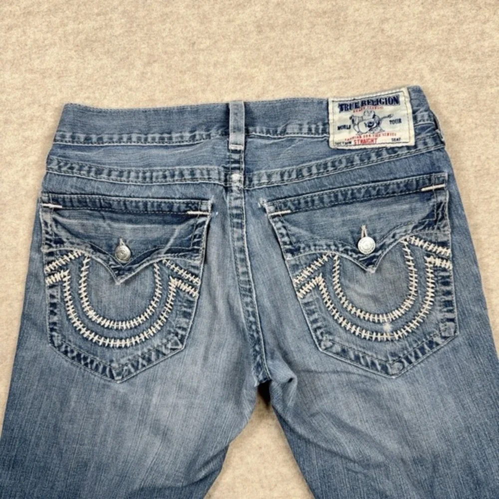 True Religion Straight Leg Jeans Flaps Blue‎ Distressed Mens 33x31 Denim *Read*